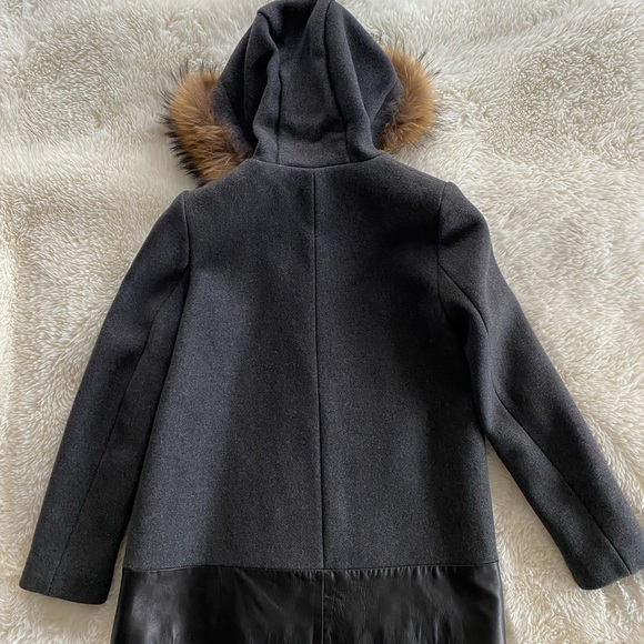 Sandro Manoli Fur Trim Leather Panel Wool Coat Gray - Picture 6 of 11
